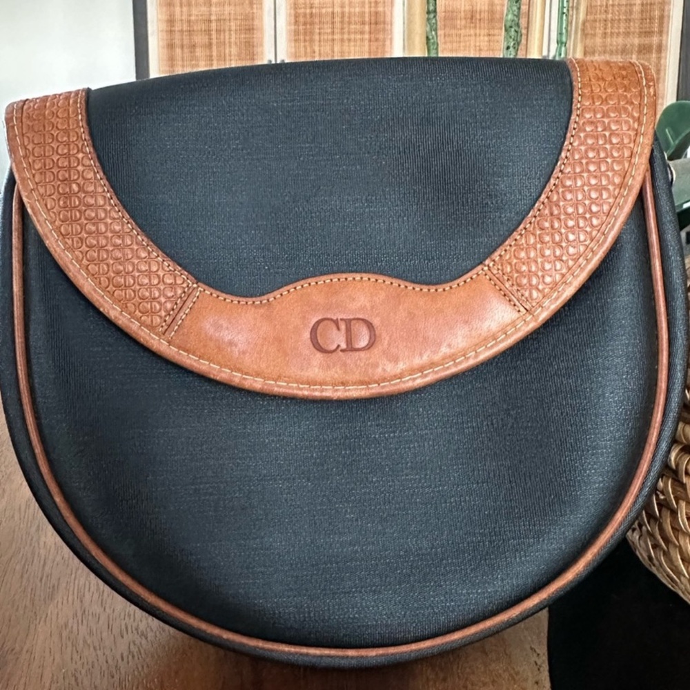 EUC *Vintage* Christian Dior CD Black Canvas Tan Leather Clutch/ Crossbody COA